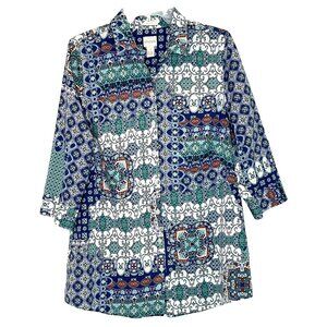 Chicos 1 Top Button Up No Iron Artsy Boho 3/4 Sleeve
